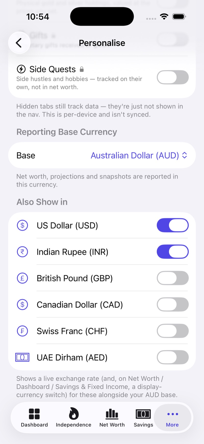 Reporting base currency set to Australian Dollar, with toggles to also show US Dollar and Indian Rupee