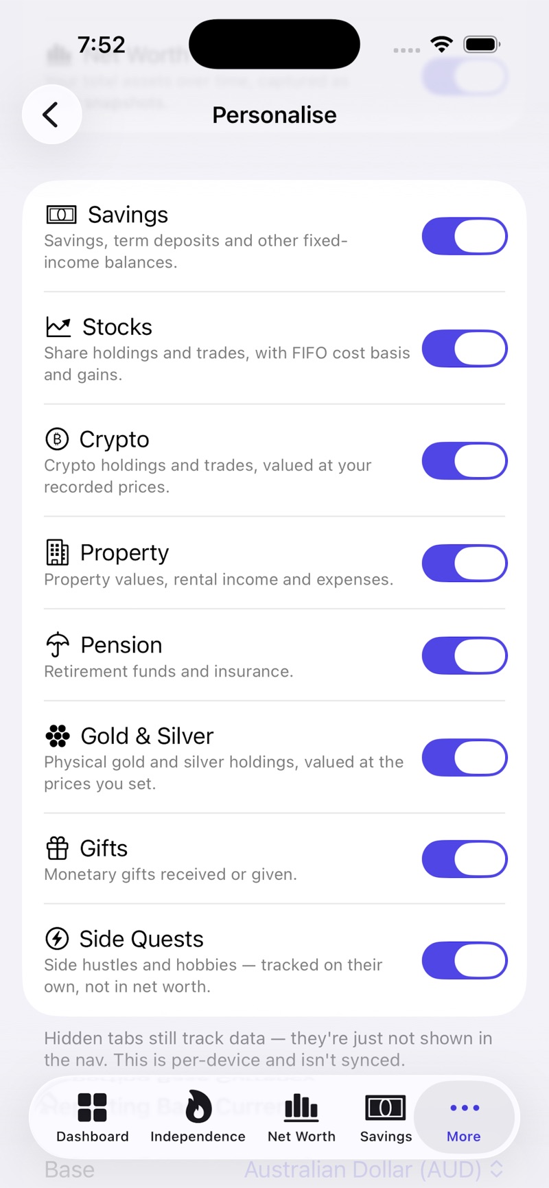 Personalise screen with toggles for each asset section