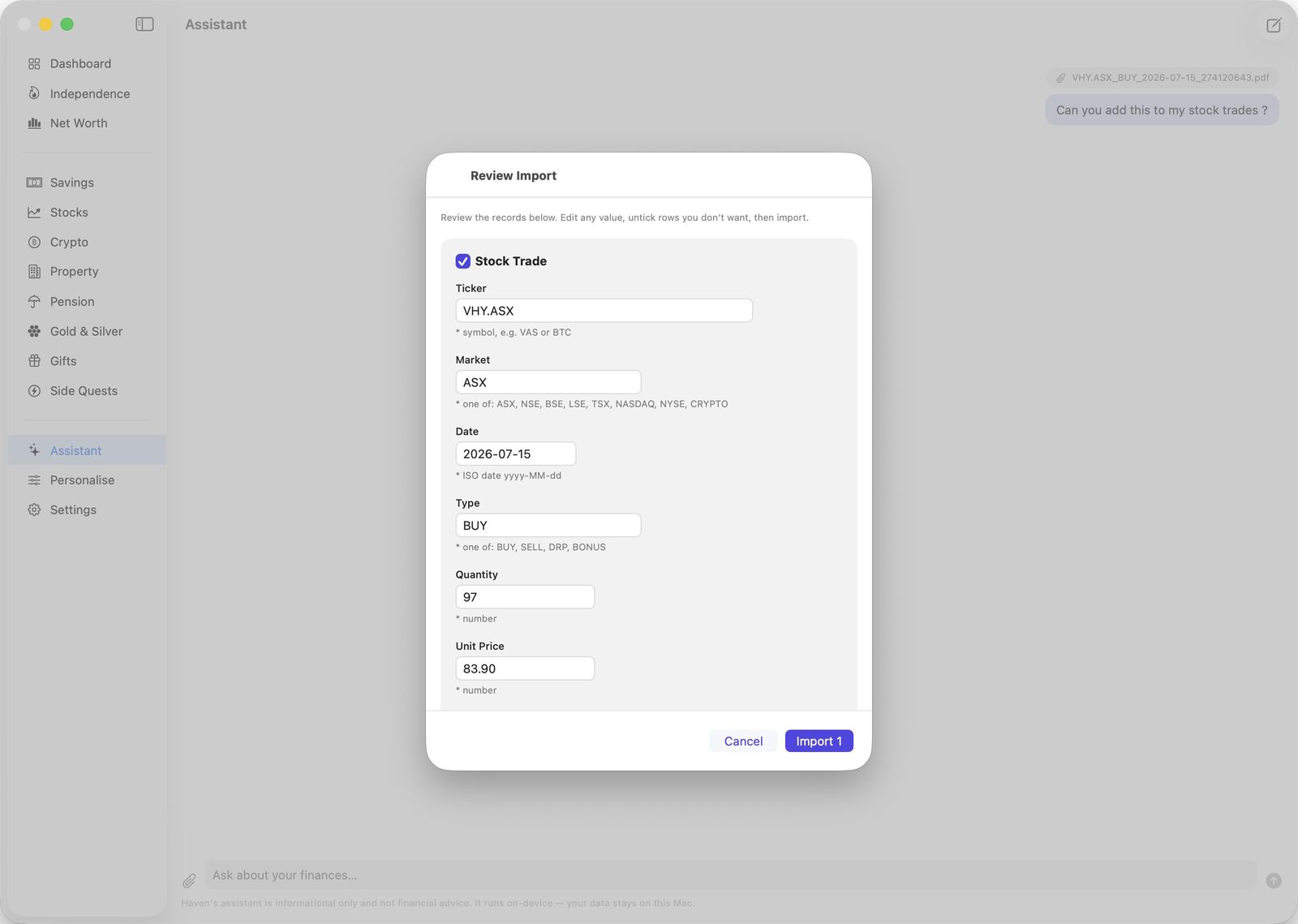 The assistant extracting a stock trade from an attached PDF contract note into an editable Review Import sheet